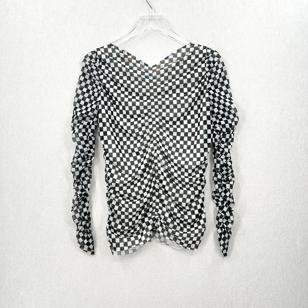 BAUM UND PFERDGARTEN Joselle Mesh Top Womens Medium Black White Check Stretch - Picture 6 of 16